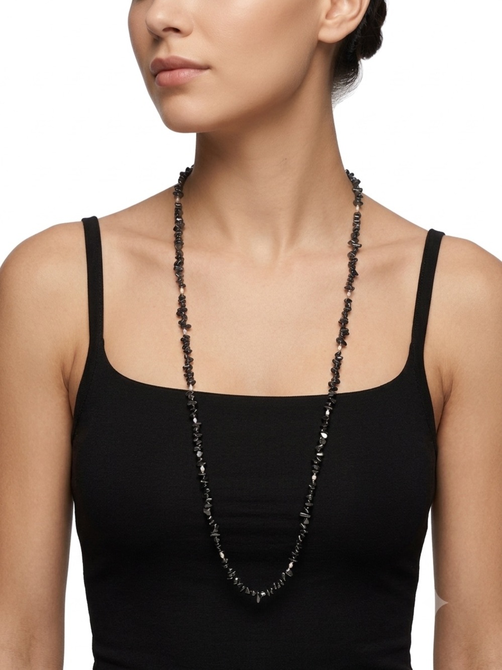 Long Black Hematite and Rice Pesrl Beaded Necklace - Women Jewelry